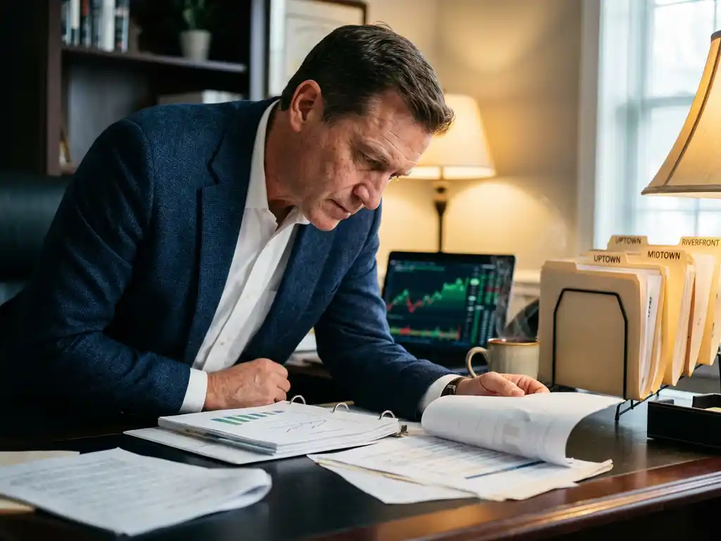 Professional real estate agent analyzing market reports and property charts at desk with laptop showing housing statistics