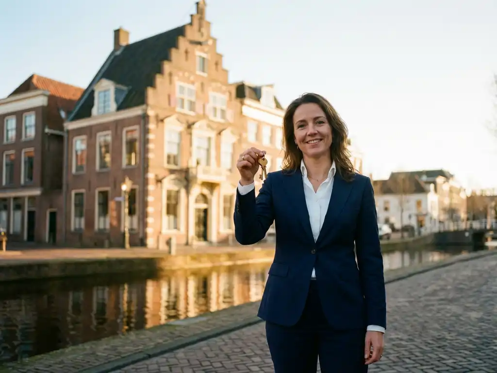 Professionele makelaar met sleutels voor Amsterdams grachtenpand met traditionele gevels bij gouden uurtje