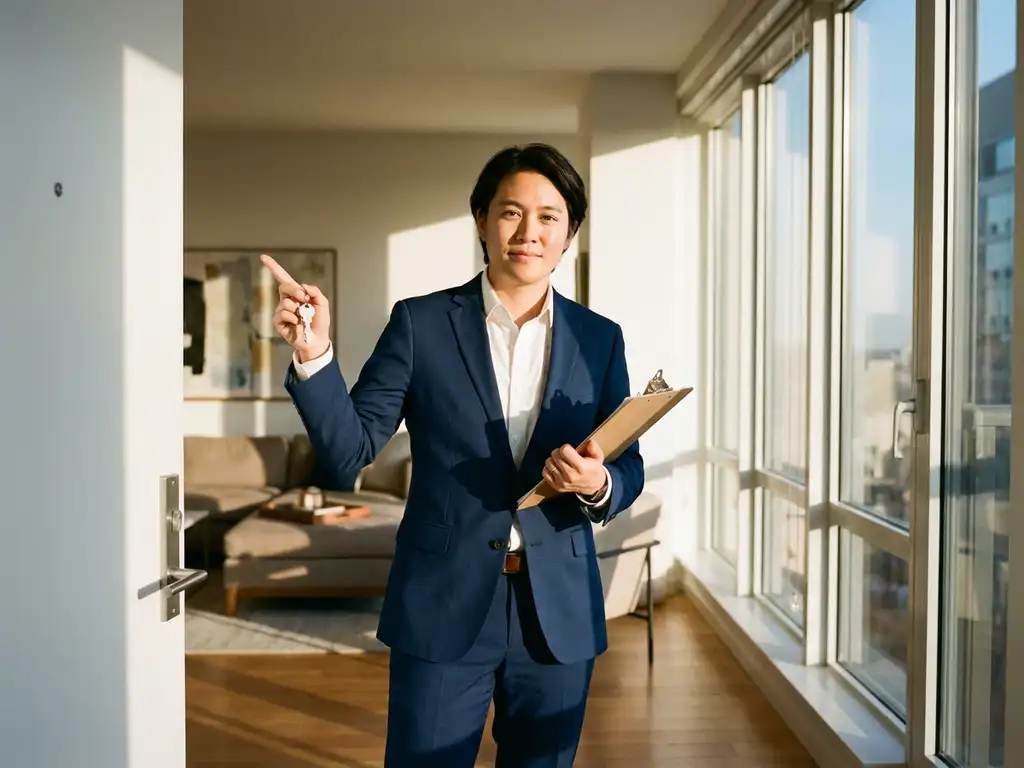 Professional real estate agent in navy suit holding clipboard and keys in modern apartment doorway with sunlit hardwood floors.