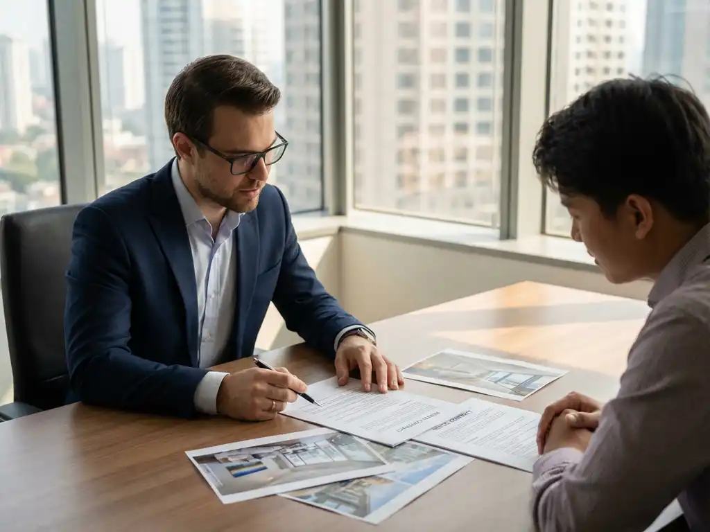 Real estate agent and property owner reviewing rental documents at conference table in modern office