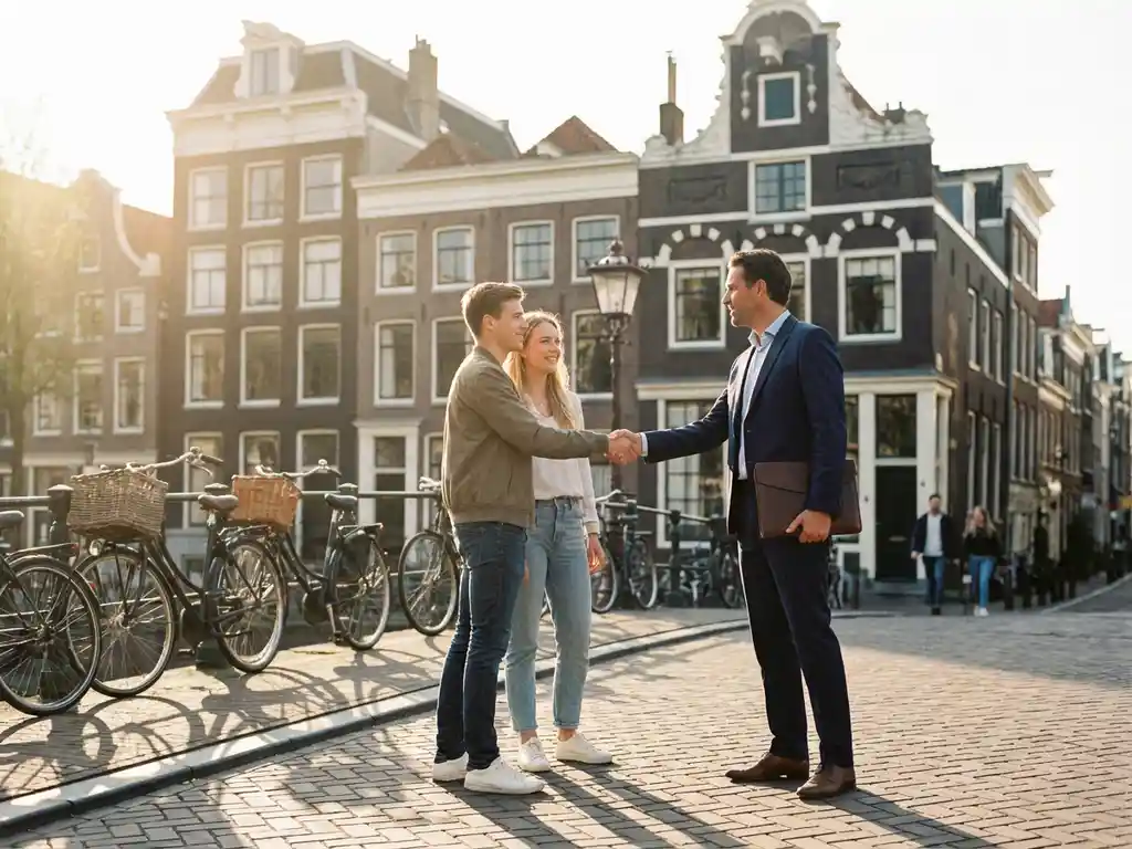 Makelaar schudt handen met jong stel voor Amsterdams grachtenpand met historische gevels en fietsen