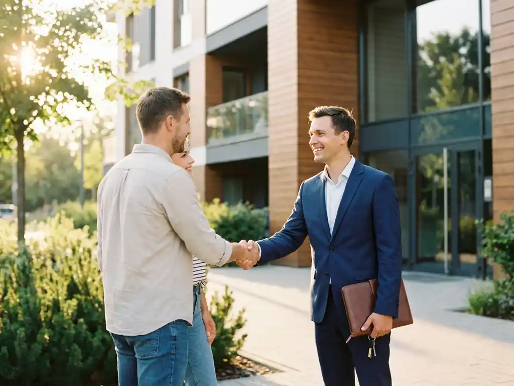 Real estate agent in navy suit shaking hands with tenants outside modern apartment building during golden hour