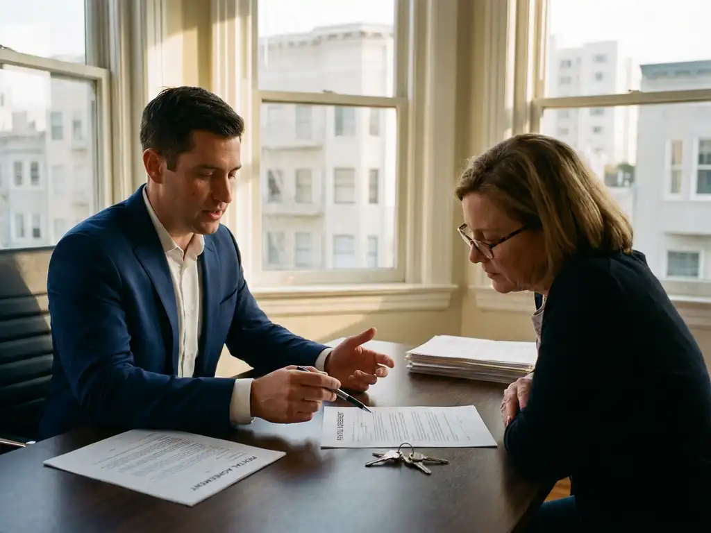 Real estate agent in navy suit discussing rental agreement with property owner at wooden desk, keys and contracts visible