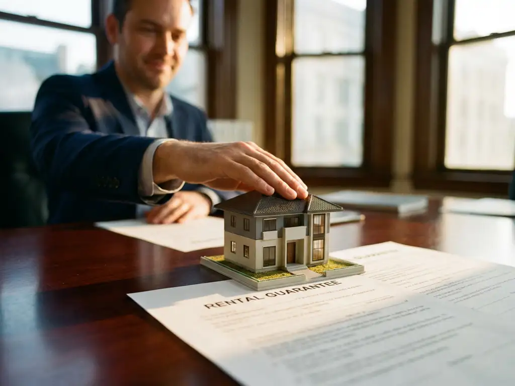Real estate agent in navy suit protectively gesturing over miniature house model with rental guarantee documents on desk
