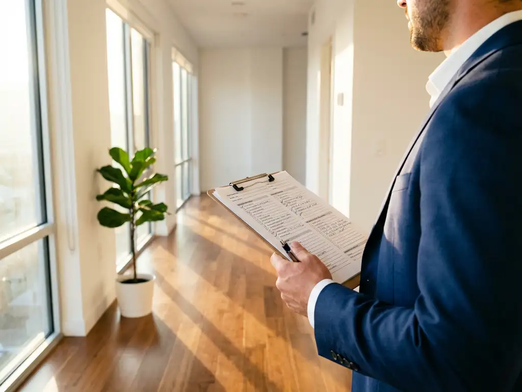 Professional real estate agent in navy suit reviewing property inspection checklist in bright modern apartment hallway