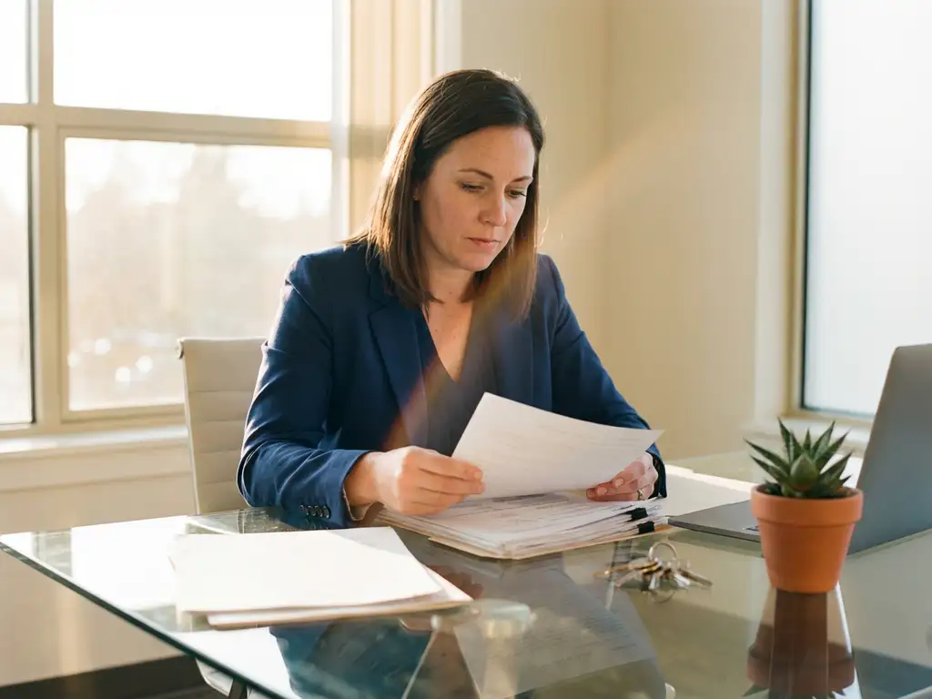 Professional real estate agent in navy blazer reviewing tenant documents at glass desk with apartment keys and plant nearby