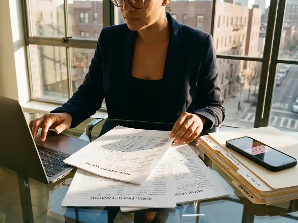 Professional real estate agent reviewing rental property reports at glass desk with laptop, organized files, and urban view