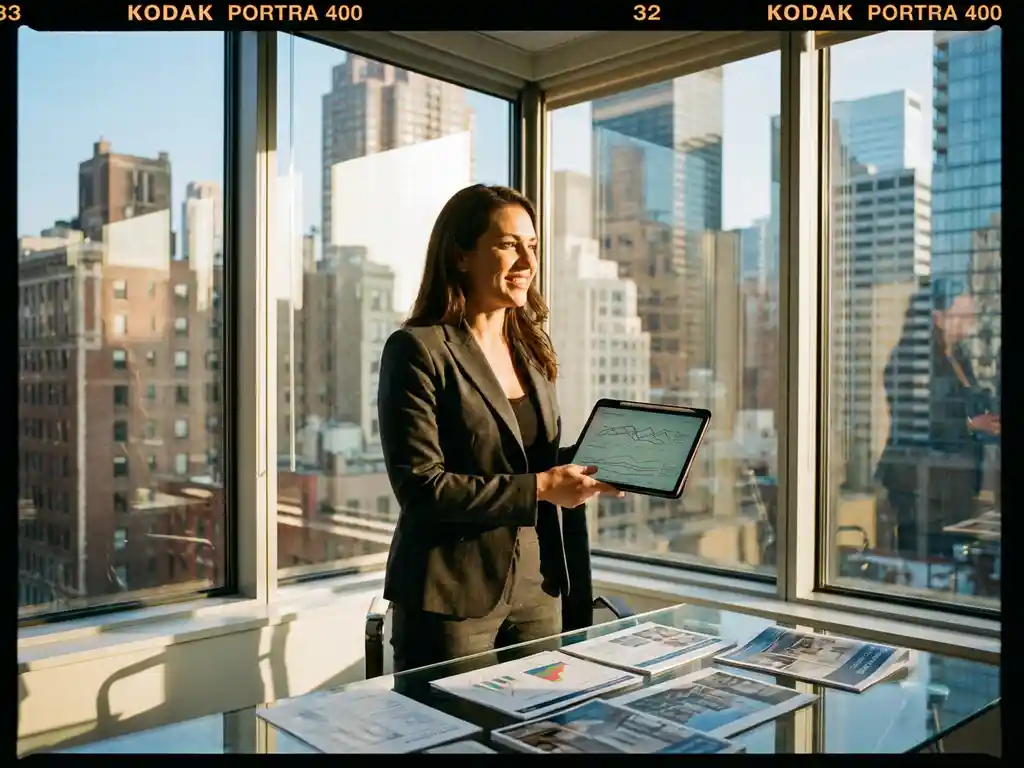 Professional real estate agent in business suit holding tablet with market graphs at modern desk with city skyline view