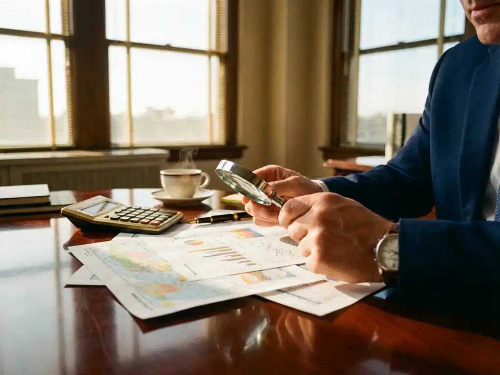 Real estate agent in navy suit analyzing neighborhood maps and property value charts on mahogany desk with calculator