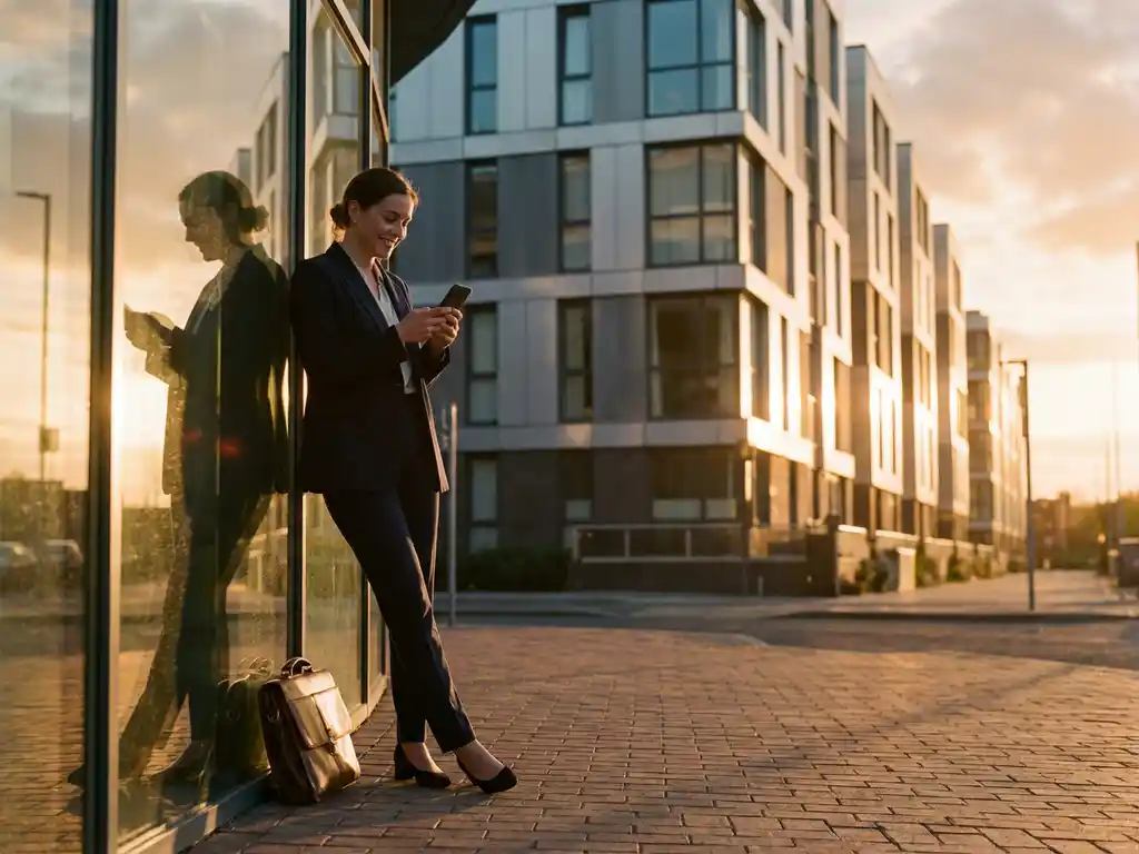 Professional real estate agent in business suit checking smartphone outside modern apartment building during golden hour