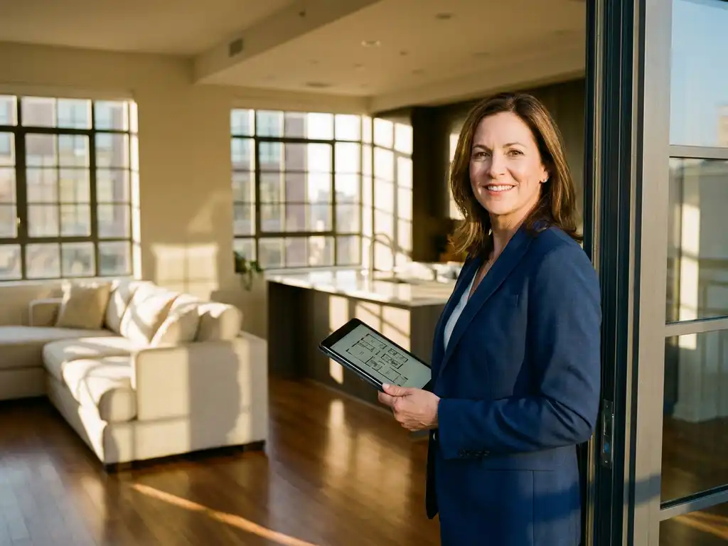 Professional real estate agent in navy blazer holding tablet in doorway of bright modern apartment with hardwood floors