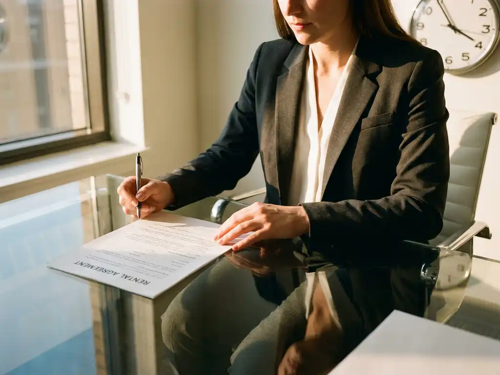 Professional woman in business suit reviewing rental contract at glass desk in sunlit office