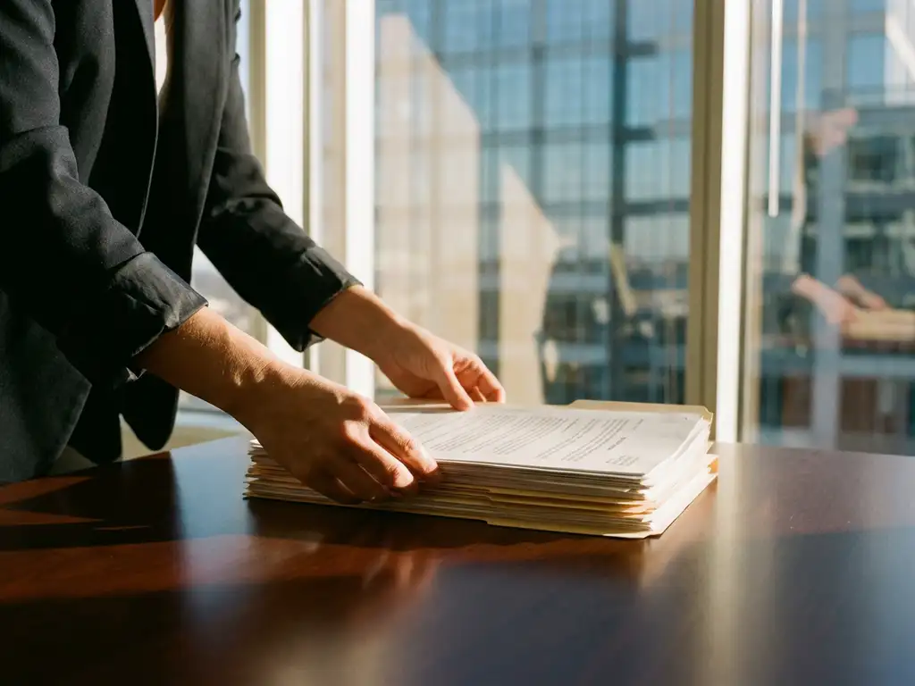 Businesswoman organizing official documents on wooden desk in modern office with natural daylight streaming through window.