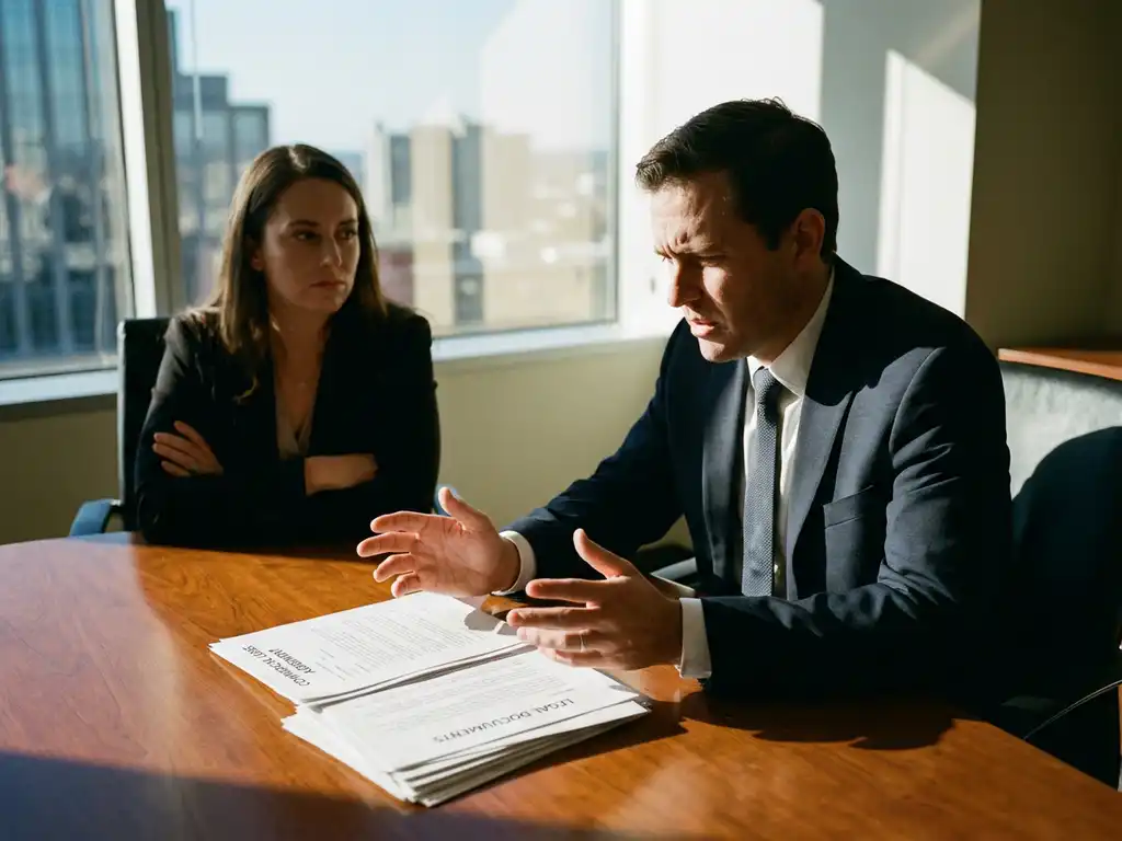 Two business professionals in tense meeting discussing commercial lease agreement at conference table in modern office