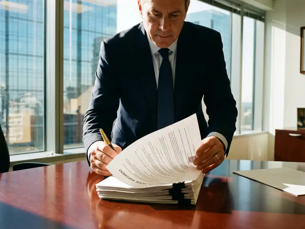 Businessman in dark suit reviewing commercial lease contract at mahogany desk with fountain pen in modern glass office.
