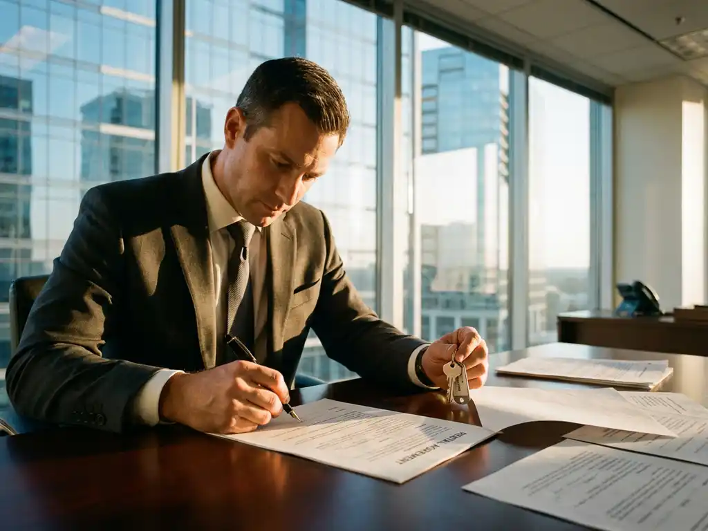 Businessman in suit holding office keys while signing rental contract at desk with city skyline view