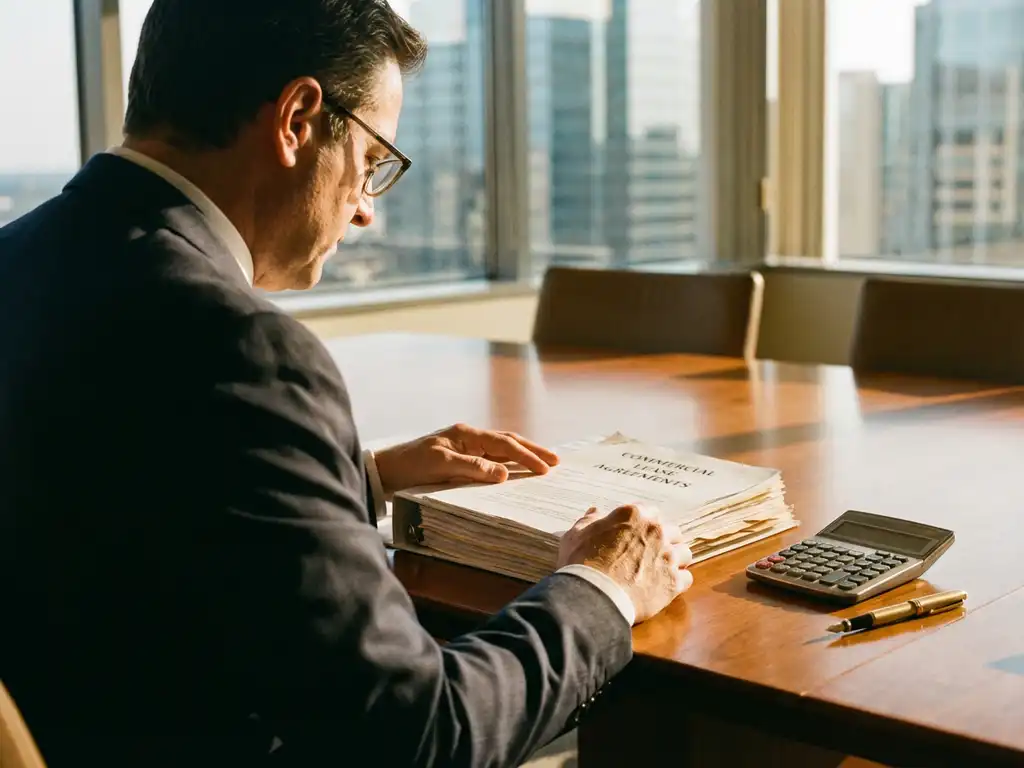 Businessman reviewing commercial lease documents at conference table with calculator and pen in modern office setting.