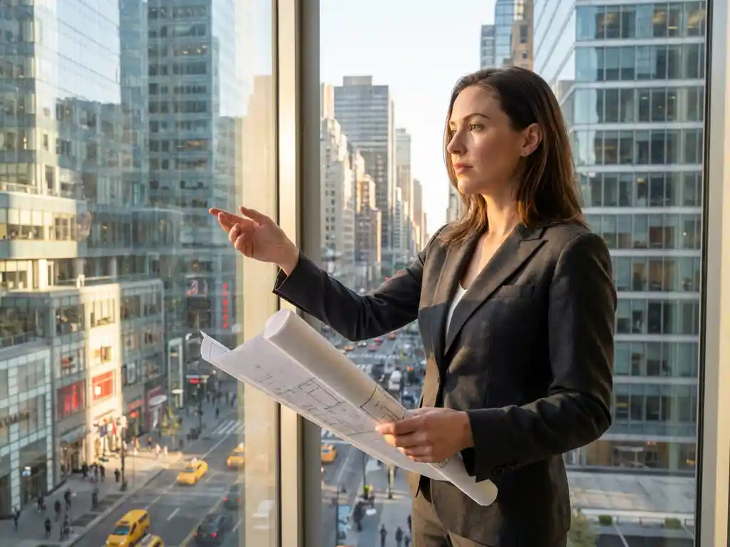 Professional businesswoman in suit holding floor plans, pointing at office buildings through window in commercial district.