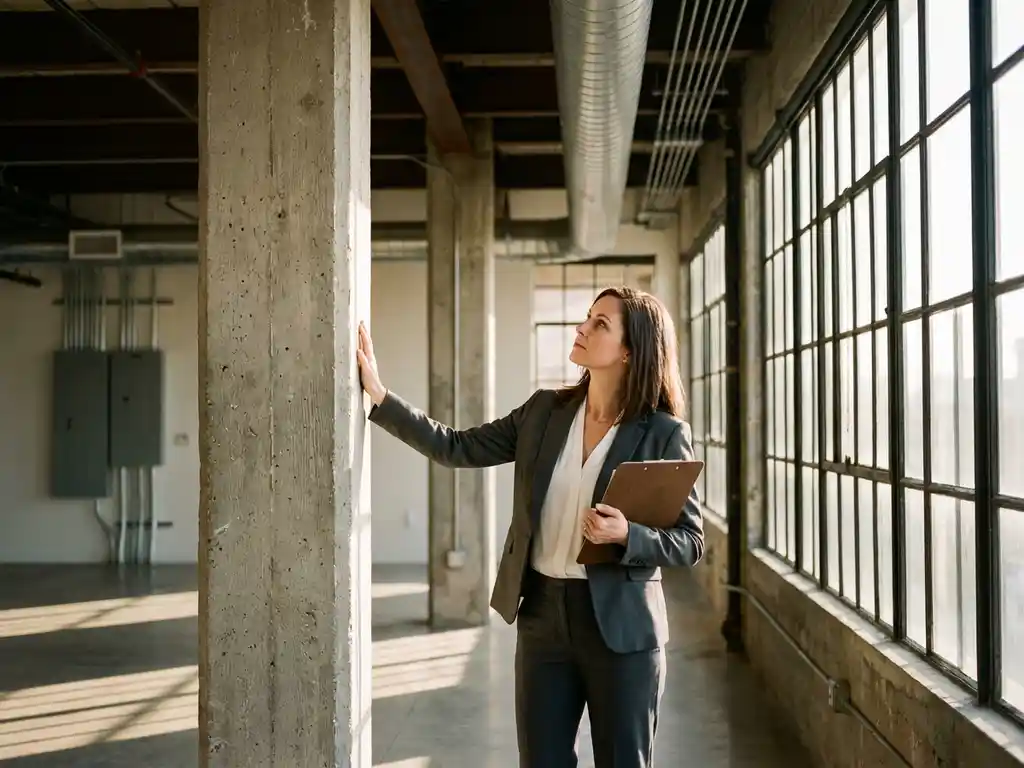 Professional businesswoman in tailored suit inspecting modern commercial building interior with concrete pillars and exposed ceiling.