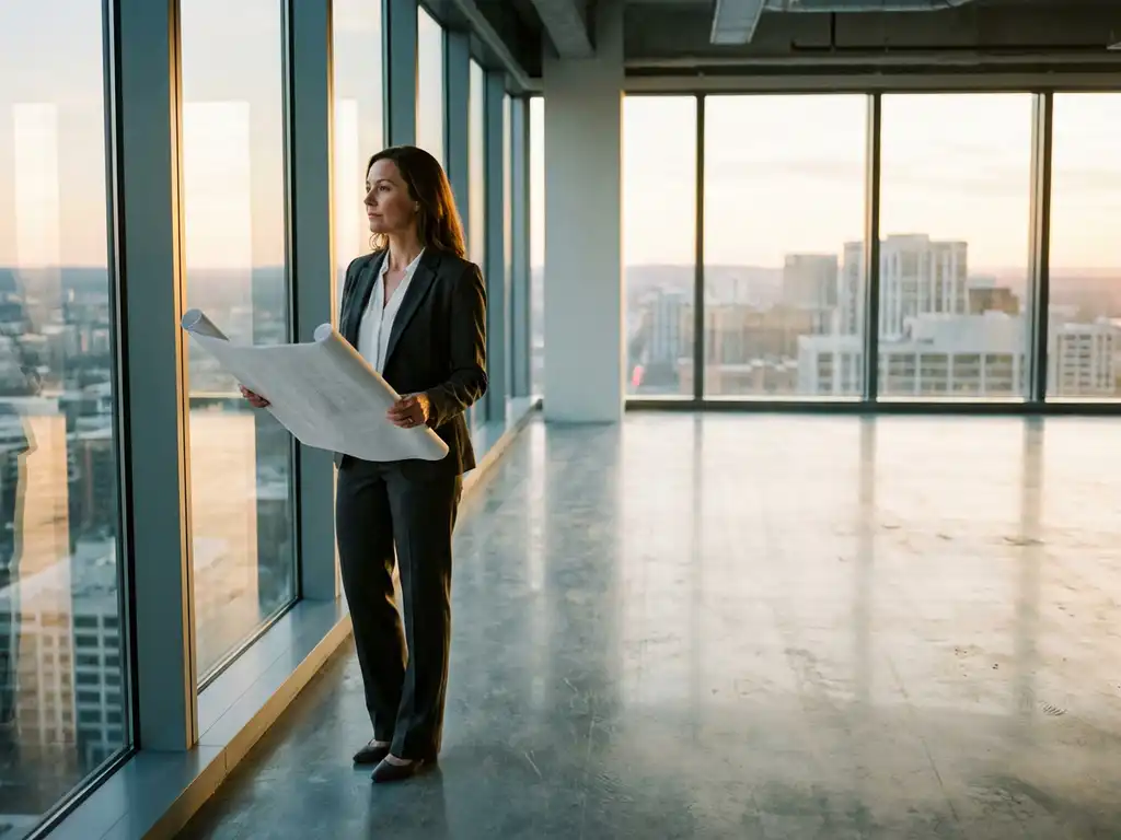 Professional businesswoman in tailored suit reviewing architectural plans in modern office with floor-to-ceiling windows