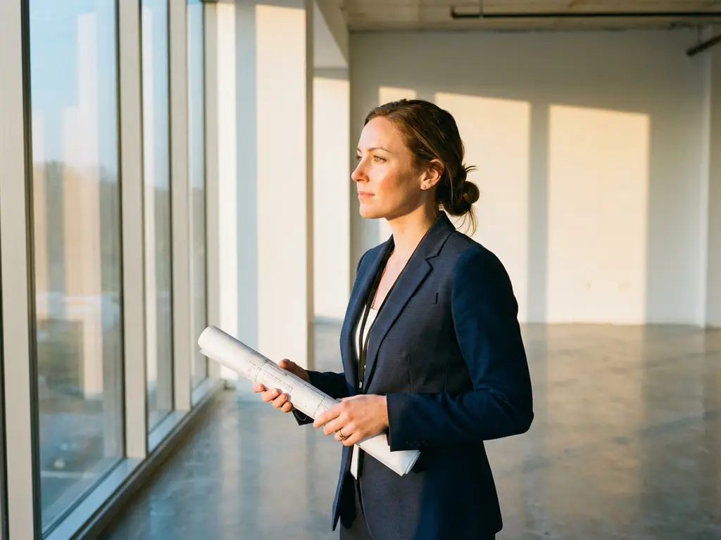 Businesswoman in navy blazer reviewing architectural floor plans in modern office space with large windows and concrete floors.