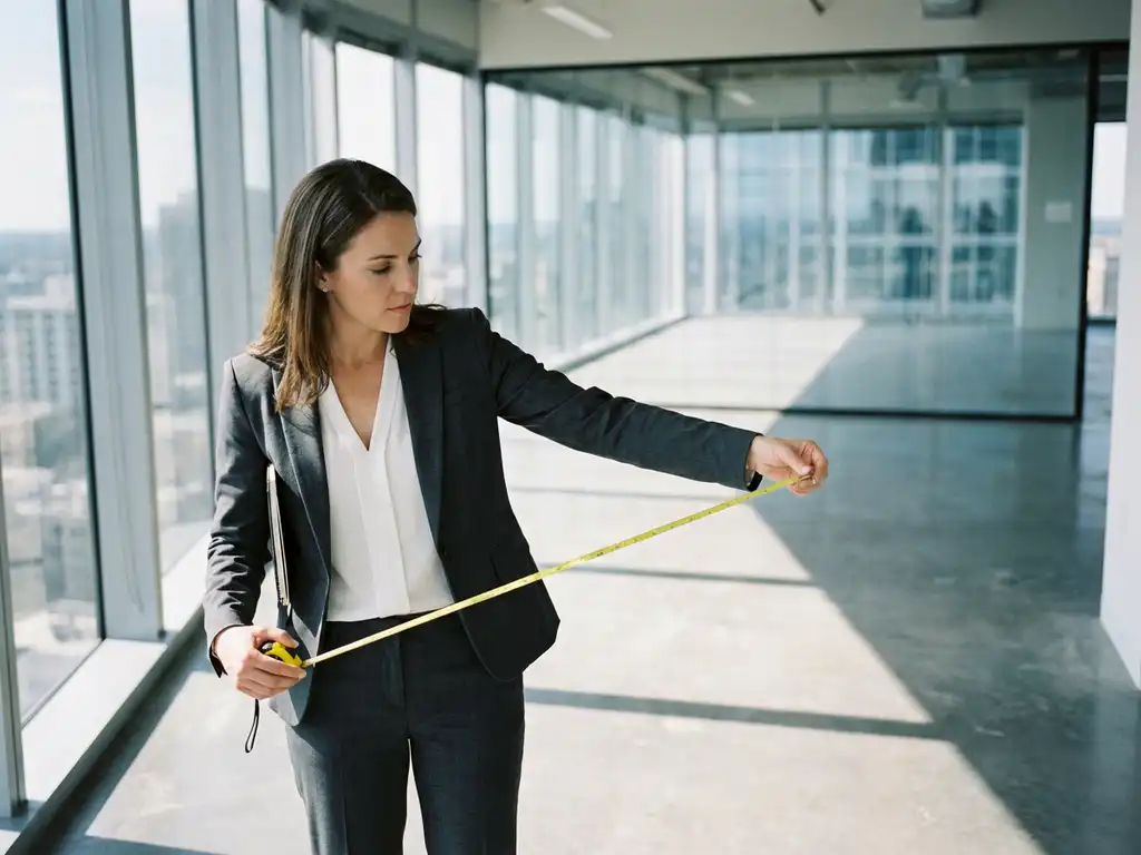 Professional businesswoman measuring empty modern office space with tape measure, standing near floor-to-ceiling windows