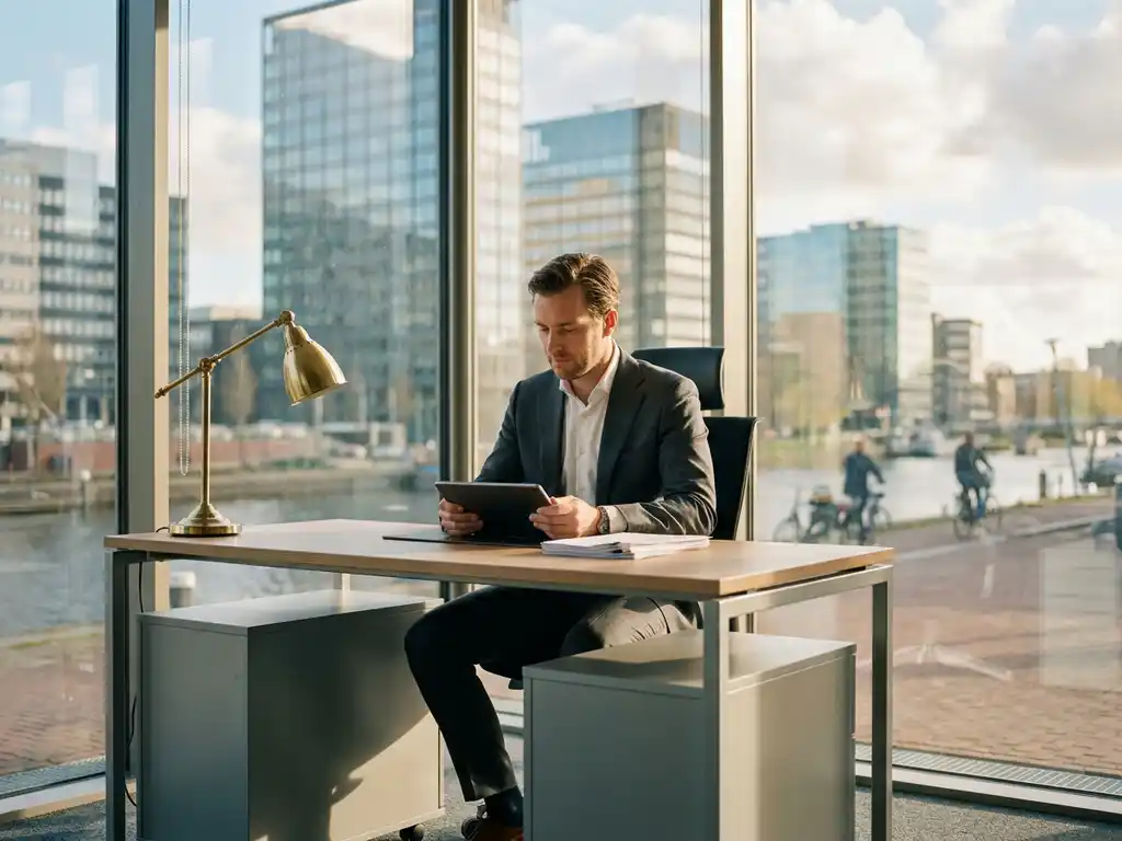 Professional real estate agent in tailored suit reviewing documents at modern desk in glass-walled Amsterdam office with city views