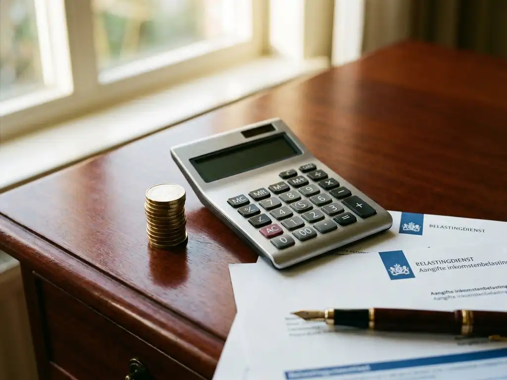 Calculator met gouden munten en Nederlandse belastingdocumenten op mahoniehout bureau met vulpen