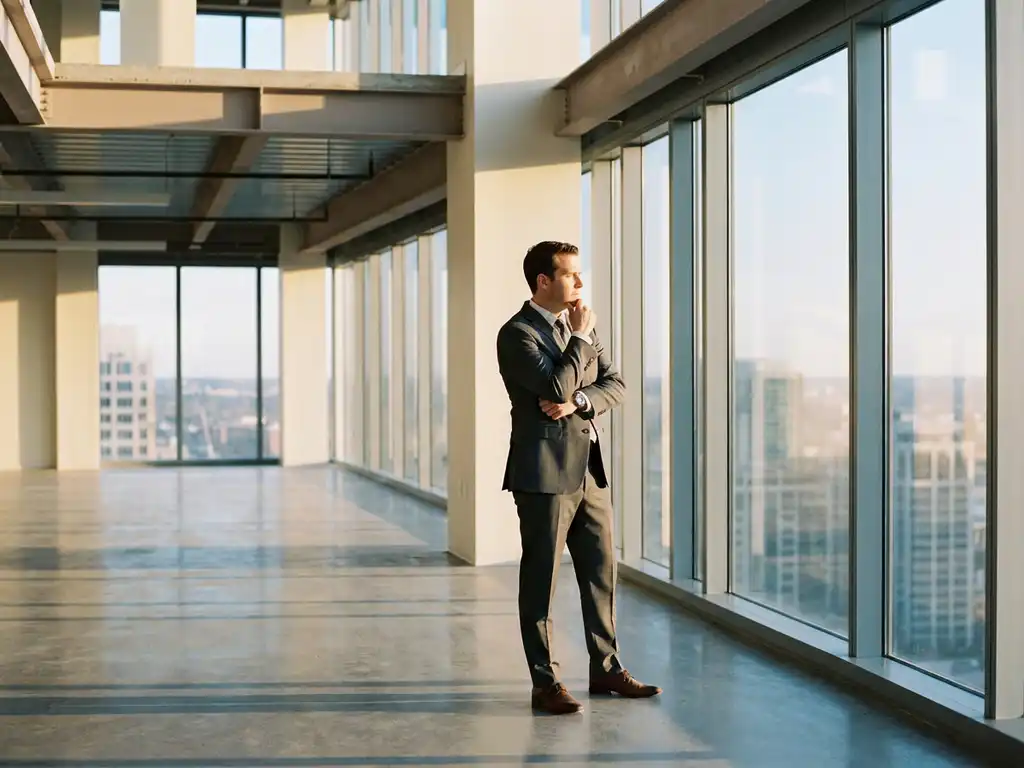 Businessman in tailored suit contemplating empty modern office with floor-to-ceiling windows and golden hour sunlight