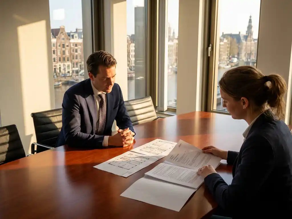 Businessman in navy suit negotiating with property manager over lease documents at mahogany conference table in Amsterdam office