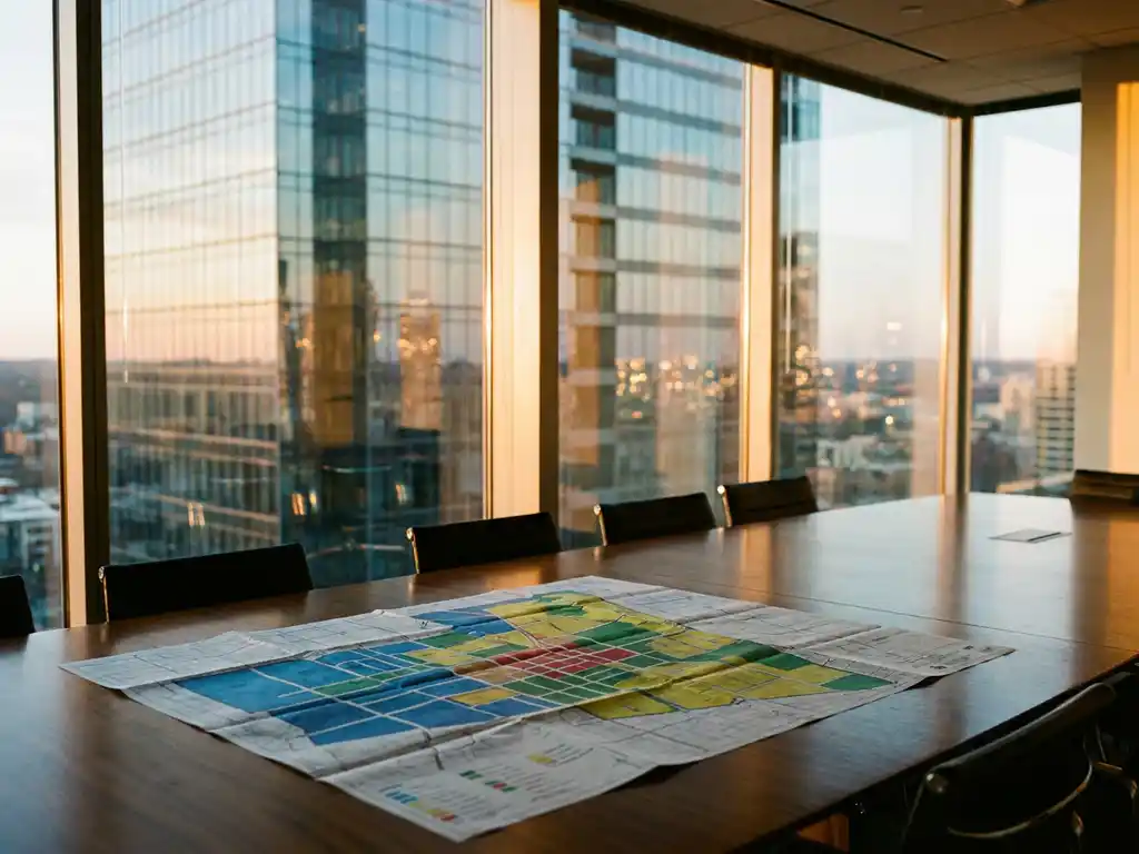Detailed zoning map with colored districts on wooden conference table, glass office building with city lights reflection in background