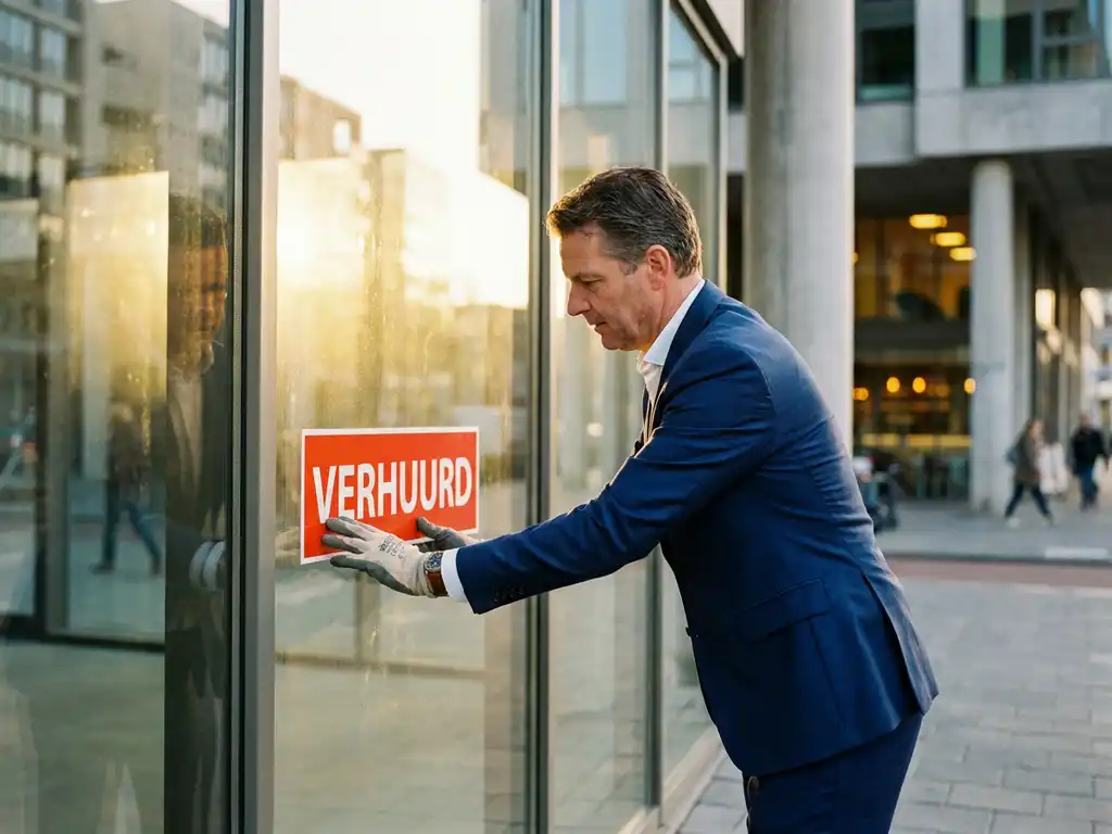 Commercieel vastgoedmakelaar plaatst rode "VERHUURD" bord in raam van modern glazen kantoorgebouw bij zonsondergang