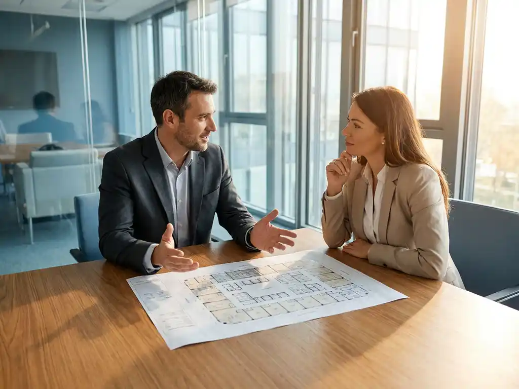Twee zakelijke professionals bespreken commerciële vastgoedplannen aan conferentietafel in modern glazen kantoor