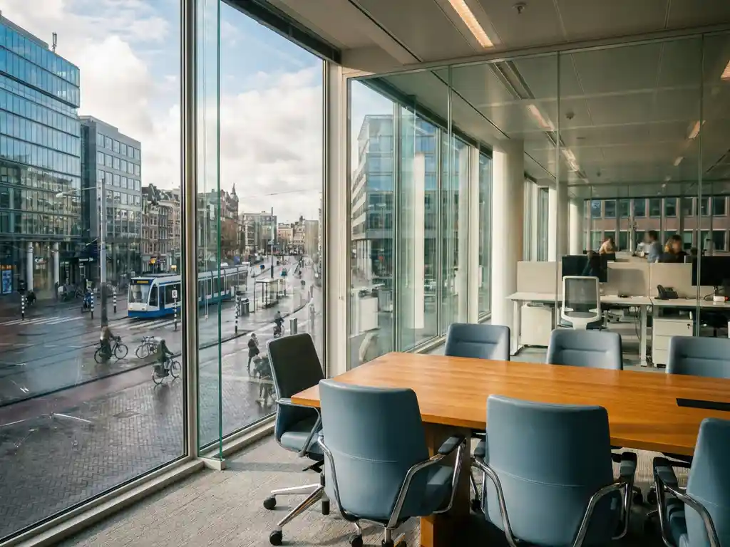 Modern glass conference room with wooden table and ergonomic chairs overlooking Dutch business district through floor-to-ceiling windows