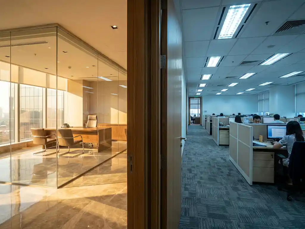 Glass-walled corner office with marble floors and floor-to-ceiling windows adjacent to standard carpeted office space with fluorescent lighting.