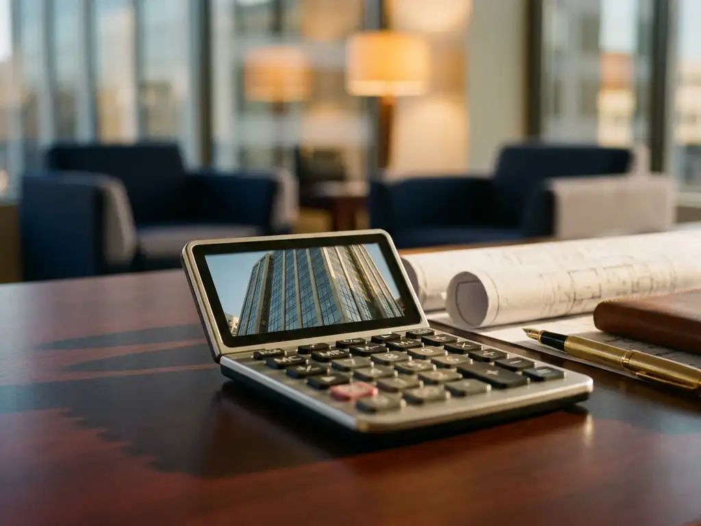 Calculator displaying glass office building reflection sits on mahogany desk with architectural blueprints and gold pen in sunlit corporate office.