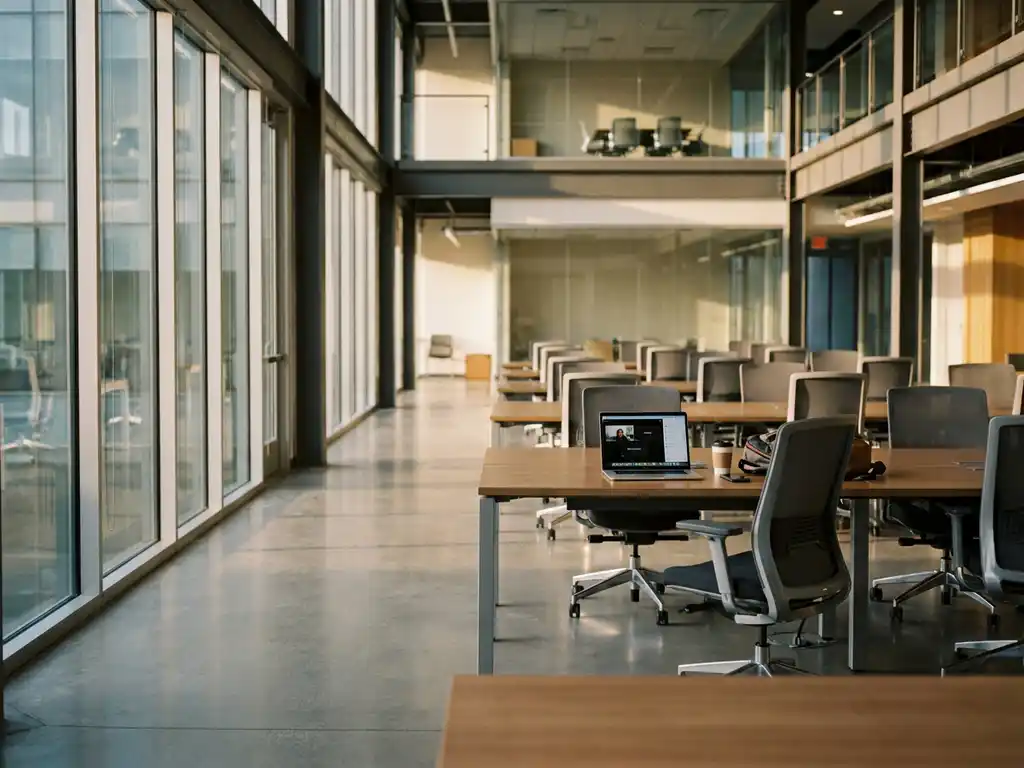Nearly empty modern office with vacant desks and chairs, single open laptop visible, natural light through floor-to-ceiling windows