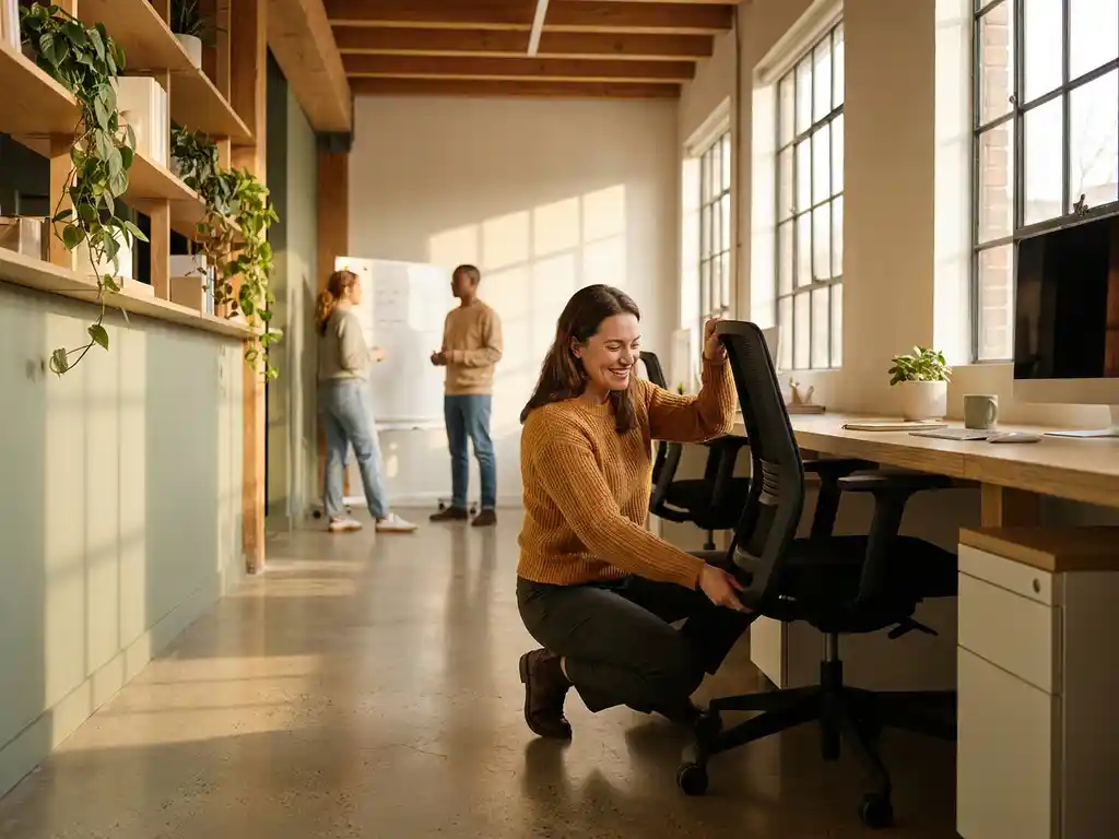 Glimlachende kantoormedewerker past haar ergonomische bureaustoel aan in moderne werkruimte met natuurlijk hout en planten