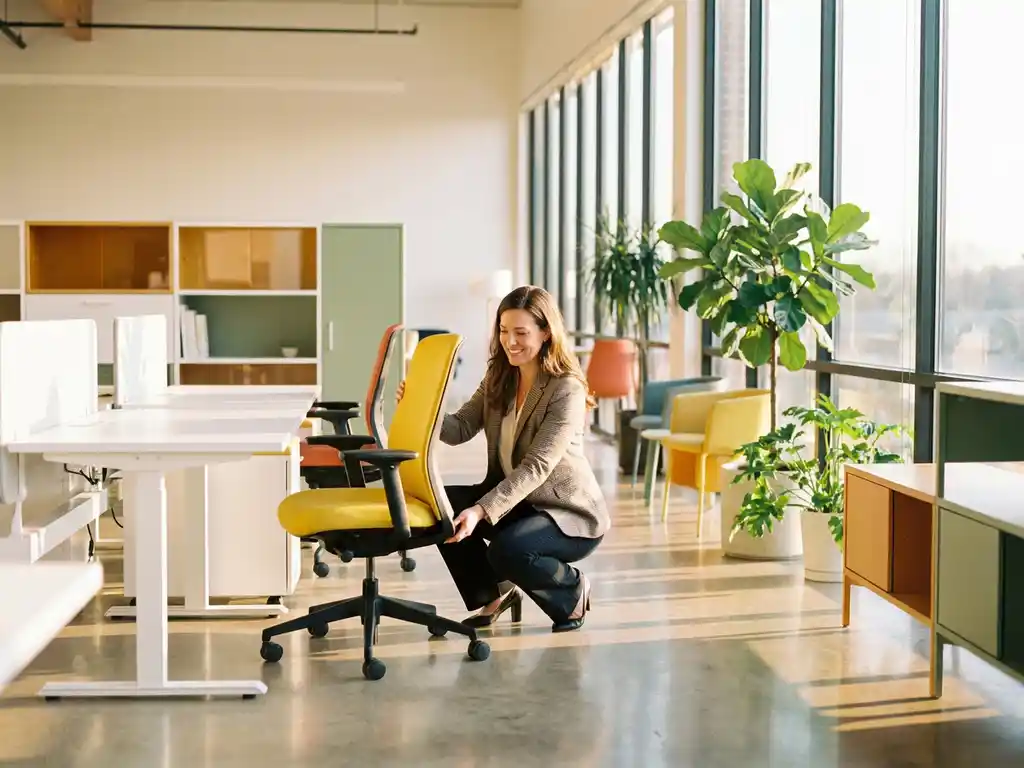 Glimlachende professionele vrouw past gele ergonomische bureaustoel aan in moderne kantoorruimte met natuurlijk licht en groene planten