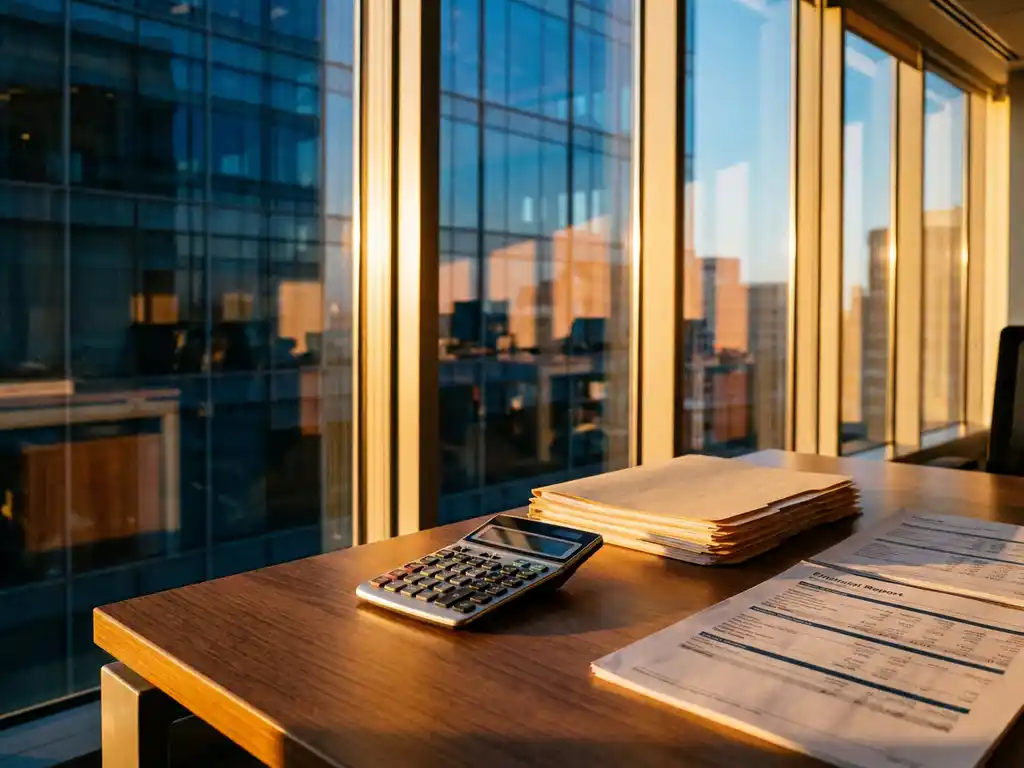 Modern calculator and financial documents on wooden desk with glass office building reflecting golden sunlight in background