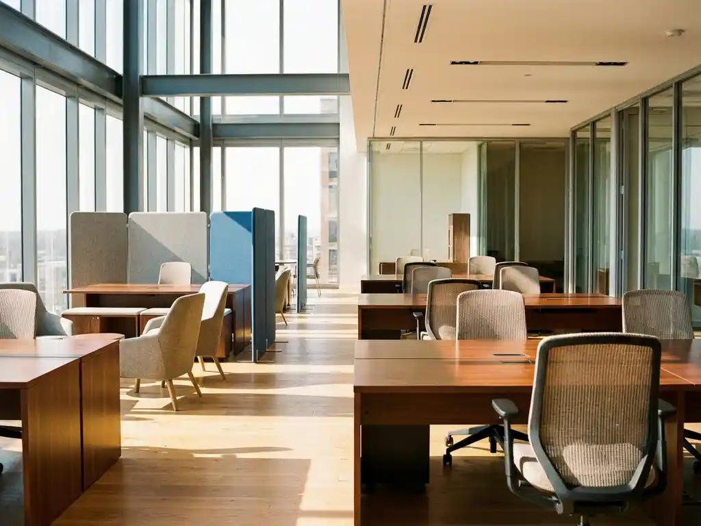 Modern kantoorruimte met flexibele werkplekken en modulair meubilair naast traditionele vaste bureaus, natuurlijk licht door grote ramen
