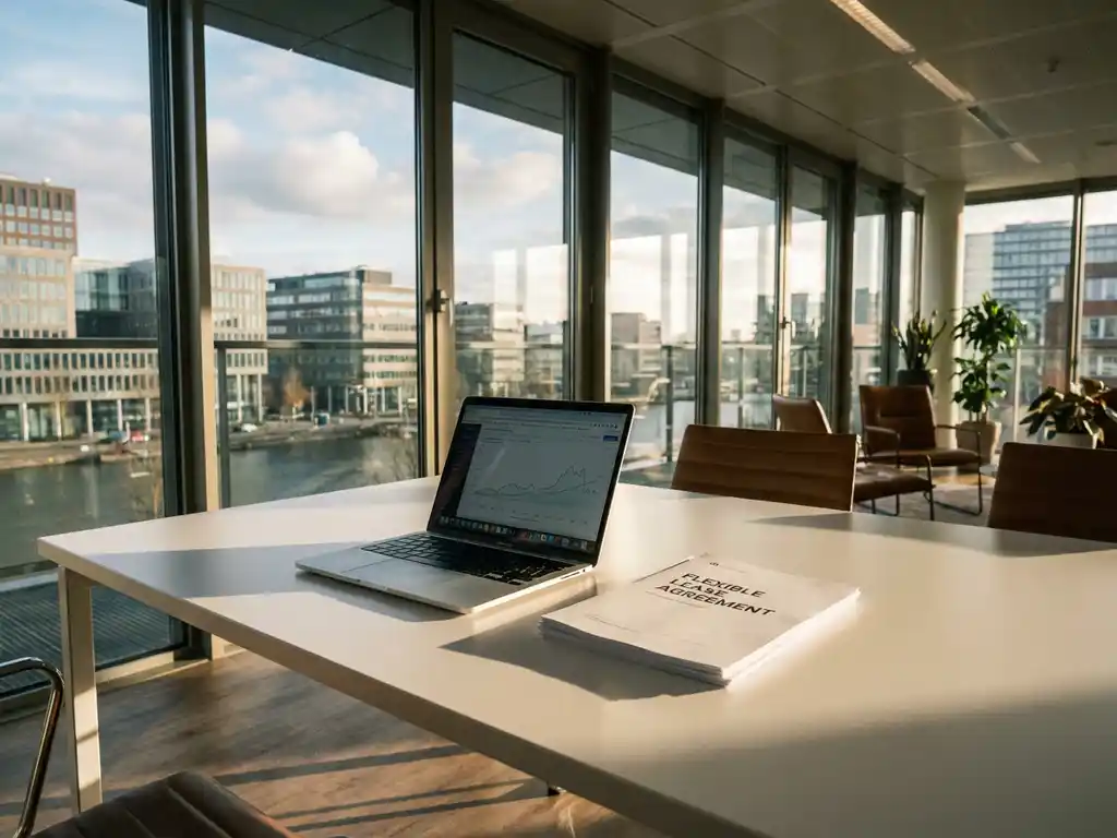 Modern office with floor-to-ceiling windows overlooking Amsterdam, open laptop and lease documents on white desk, natural daylight streaming through glass.