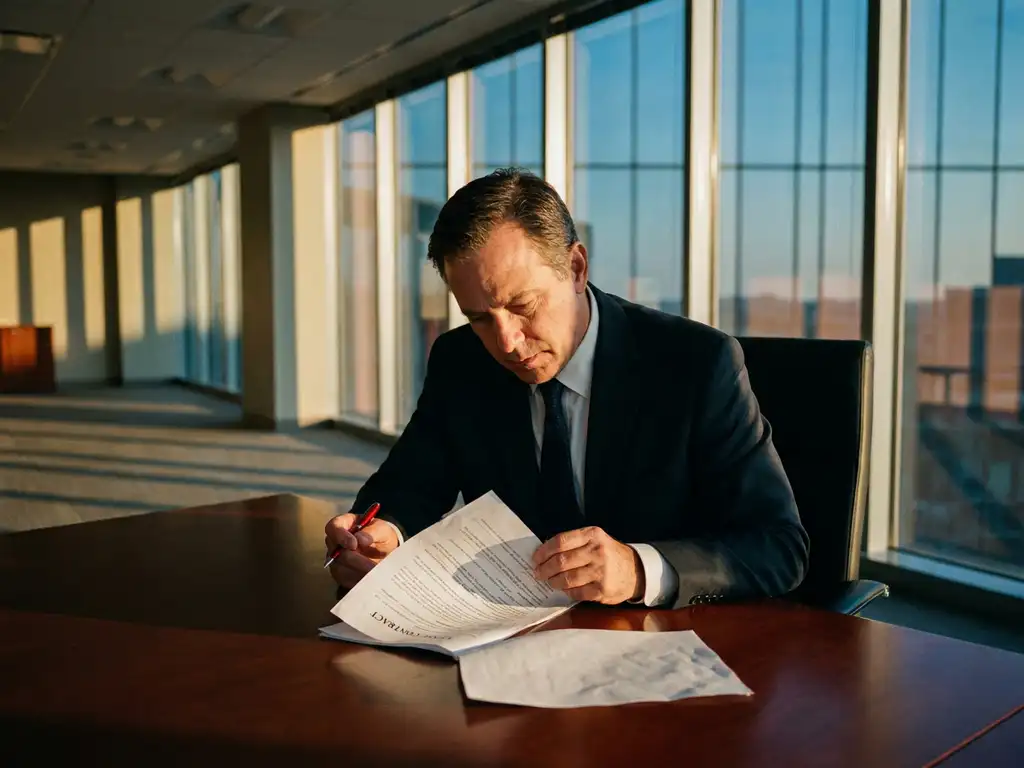 Zakenman in donker pak bekijkt verkreukeld huurcontract met rode pen aan mahonie bureau in modern kantoor
