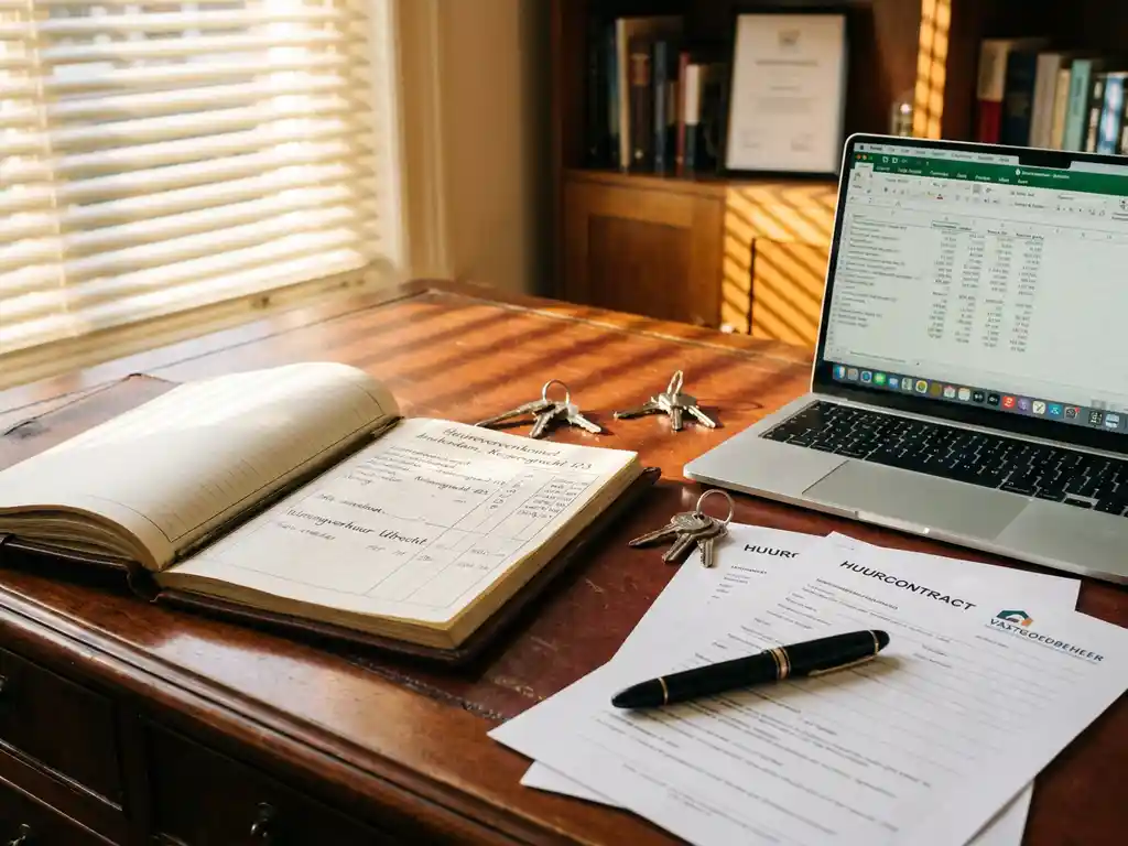 Makelaarsbureau met open leren register, laptop met spreadsheetgegevens, sleutelbossen en Nederlandse huurcontracten op mahoniehout bureau