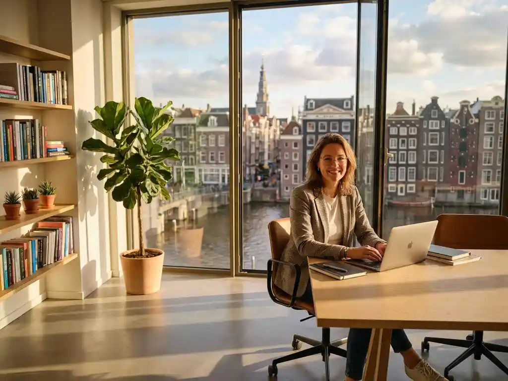 Glimlachende professionele vrouw aan bureau in modern kantoor met grote ramen en uitzicht op Amsterdam skyline