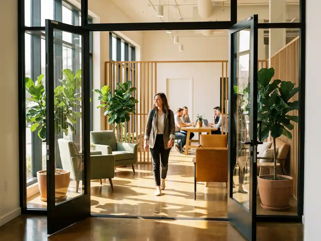 Medewerker betreedt modern kantoor met glazen deuren, natuurlijke planten en warme houten accenten in zonlicht
