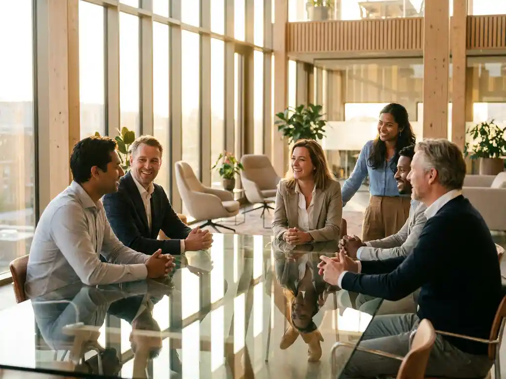 Diverse collega's in gesprek rond glazen vergadertafel in modern kantoor met vloerhoge ramen en warme zonlicht