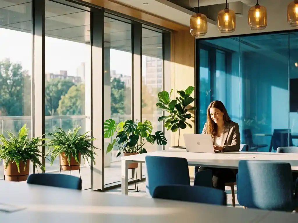 Professionele vrouw werkt op laptop aan wit bureau in modern kantoor met grote ramen en natuurlijk zonlicht