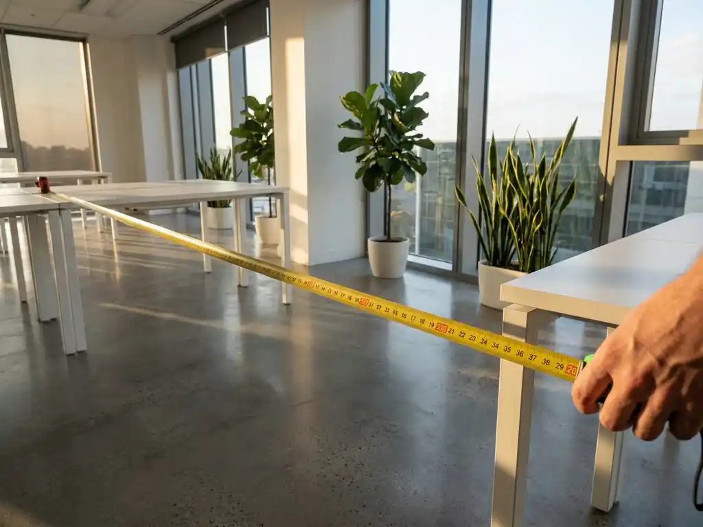 Meetlint meet afstanden tussen werkplekken in moderne kantoorruimte met grote ramen en betonnen vloeren