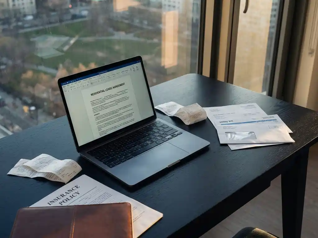Modern office desk with open laptop showing lease agreement, surrounded by receipts, utility bills, and insurance documents under leather portfolio in natural window light.